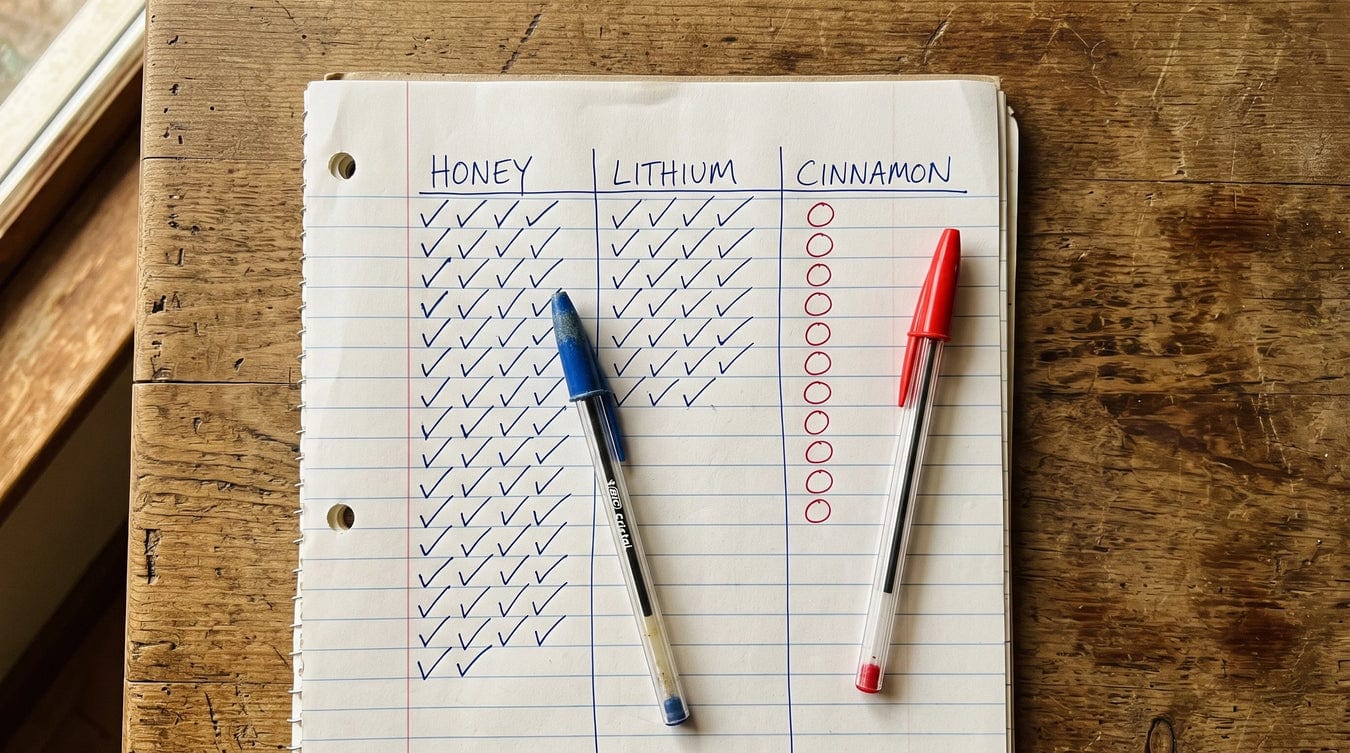 A tally chart showing honey checked in all six bottles, lithium in four, cinnamon in none