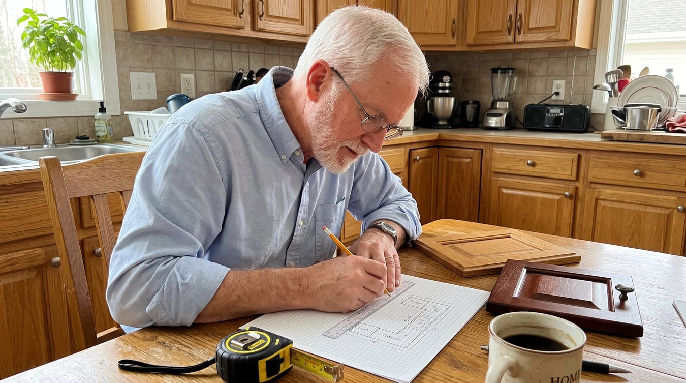 A retired building inspector writing notes at his kitchen table, measuring tape and coffee beside him
