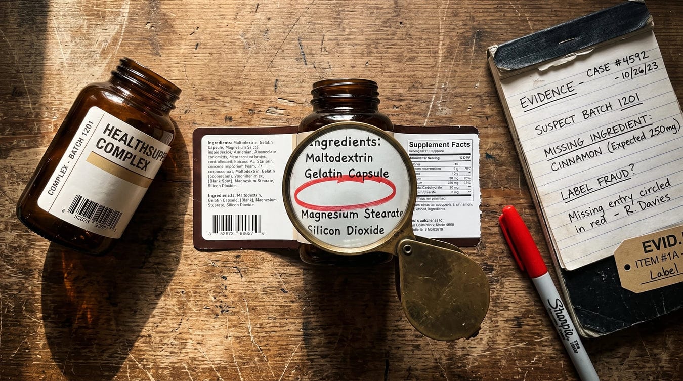 A pair of hands holding a supplement bottle and a magnifying glass, reading the ingredient panel