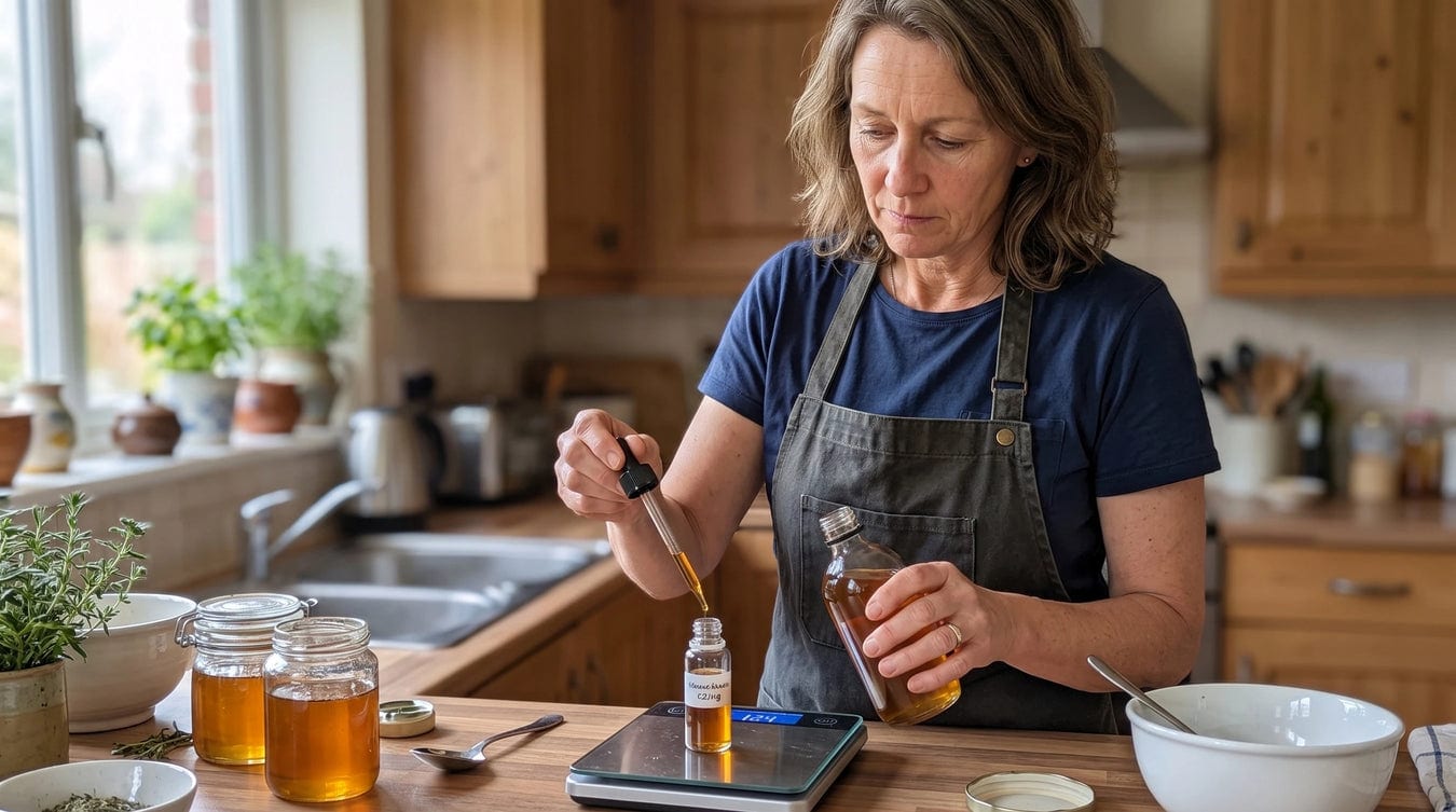 A woman in her kitchen examining a jar of cinnamon on a scale, with a notebook and mortar and pestle nearby