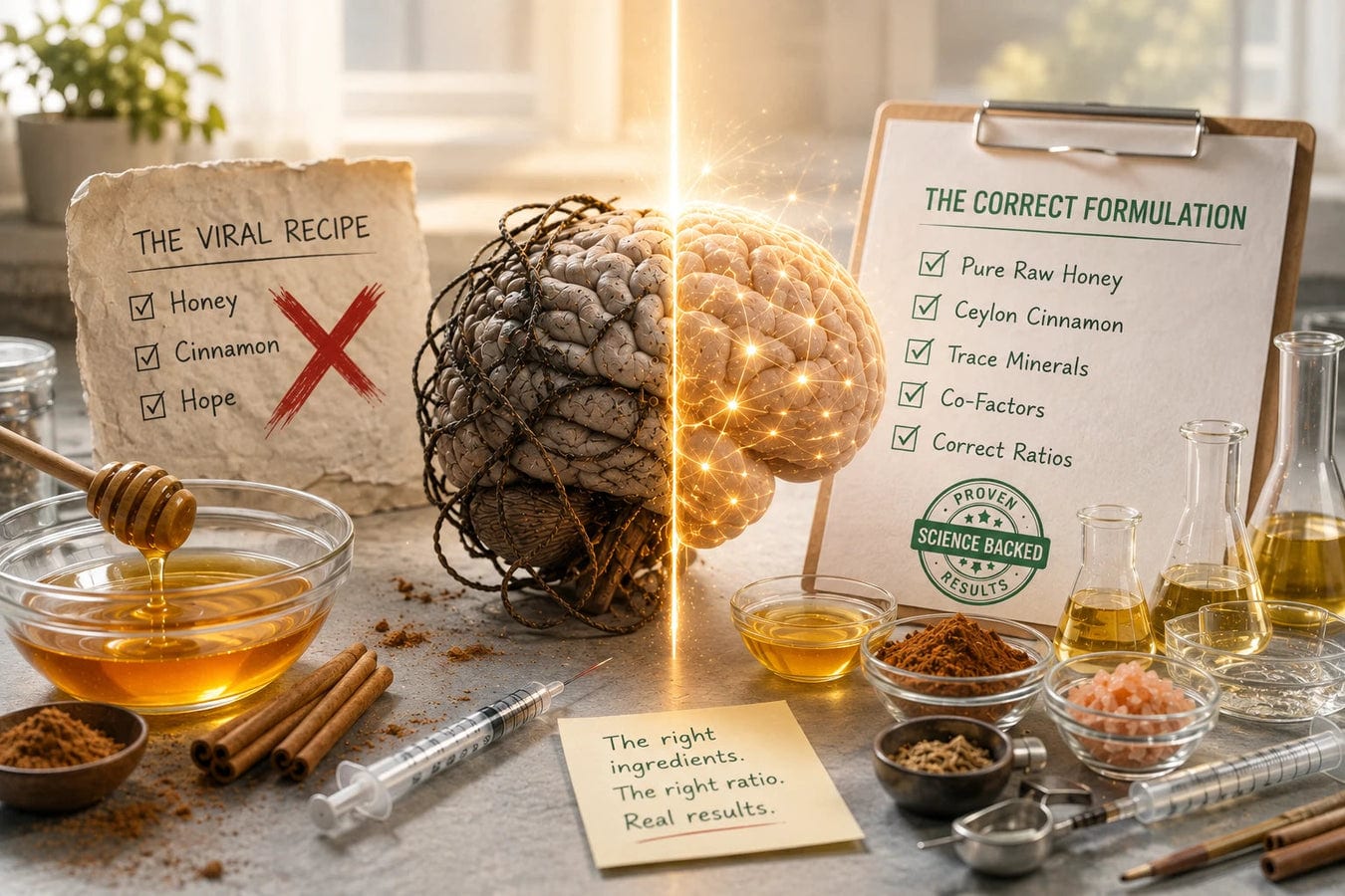 Illustration contrasting the viral honey-and-cinnamon recipe with the correct three-part formulation