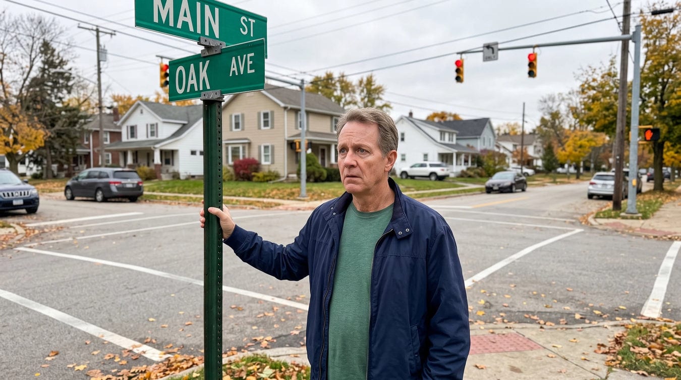 First-person view from the driver's seat of a car stopped at a neighborhood junction, hands on the wheel