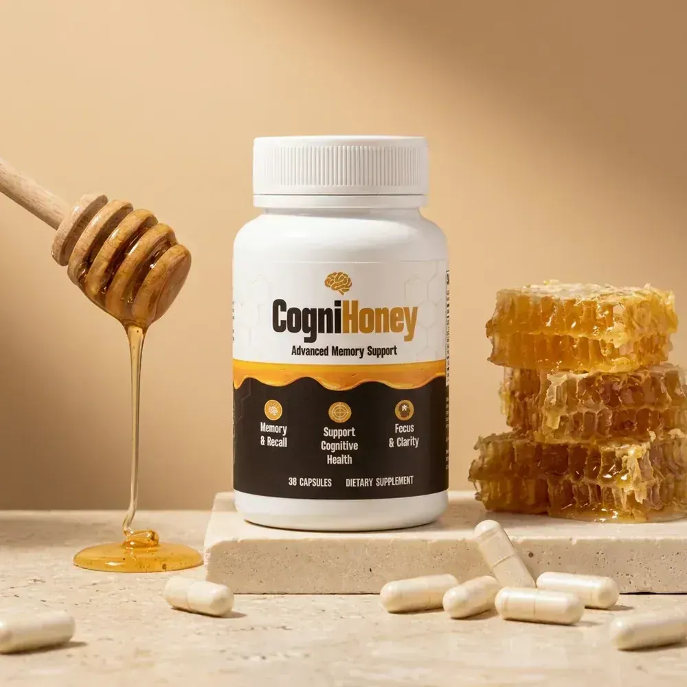 CogniHoney Advanced Memory Support bottle beside fresh honeycomb and a honey dipper