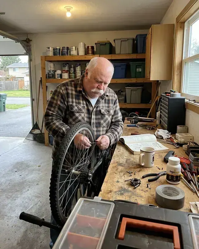 Arthur, 69, putting a bike chain back on in the garage, his CogniHoney bottle on the workbench