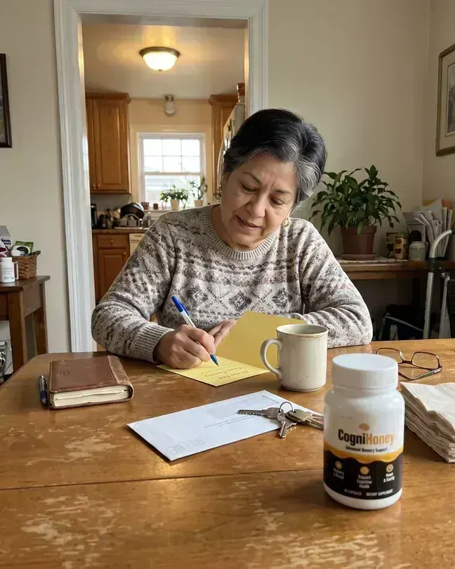 Joan, 64, writing a birthday card from memory at the dining table, her CogniHoney bottle beside her
